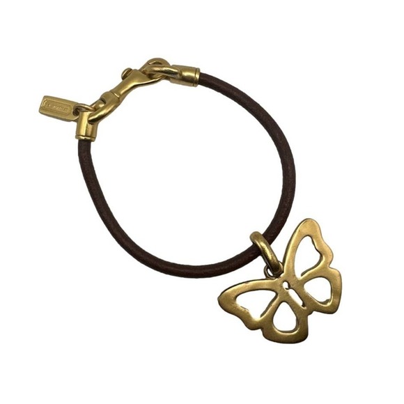 COACH Brown Leather Gold Tone Hook Clip with Butterfly Bracelet - Picture 1 of 6